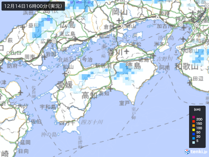 積雪マップ(四国地方・1時間ごとの積雪の深さ)